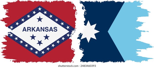 Minnesota 2024 and Arkansas states grunge brush flags connection, vector