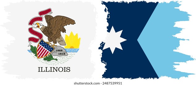 Minnesota 2024 and Illinois states grunge brush flags connection, vector