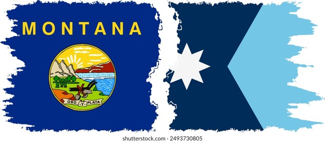 Minnesota 2024 and Montana states grunge brush flags connection, vector