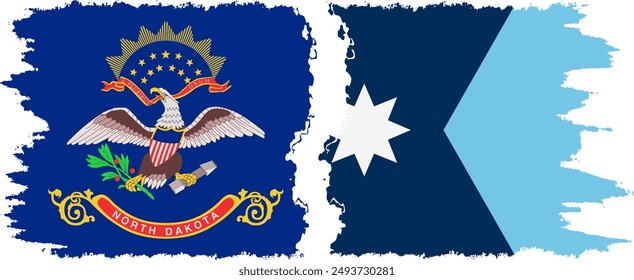 Minnesota 2024 and North Dakota states grunge brush flags connection, vector