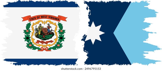 Minnesota 2024 and West Virginia states grunge brush flags connection, vector
