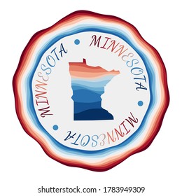 Insignia de Minnesota. Mapa del estado de estados unidos con bellas olas geométricas y vibrante marco azul rojo. Logo de Minnesota redonda y Vivid. Ilustración vectorial.