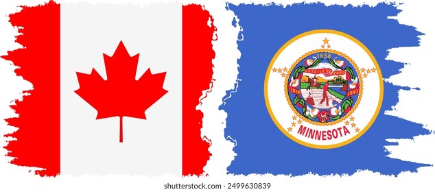 Minnesota and Canada grunge brush flags connection, vector old