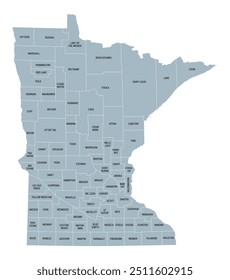 Minnesota counties, mapa político cinza. Minnesota, um estado na região do Meio-Oeste Superior dos Estados Unidos, subdividido em 87 condados. Mapa com limites e nomes de condado. Ilustração. Vetor