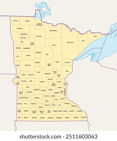 Minnesota counties, political map. Minnesota, a state in the Upper Midwestern region of the United States, is subdivided into 87 counties. Map with boundaries and county names. Illustration. Vector