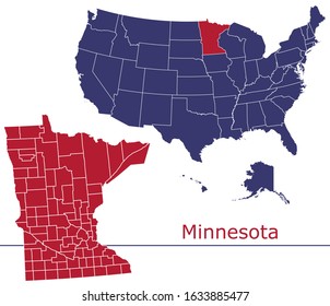Minnesota counties vector map with USA map colors national flag