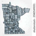 Minnesota counties word clouds. State shape on textured background. Minnesota design in typographic style. Creative vector illustration.