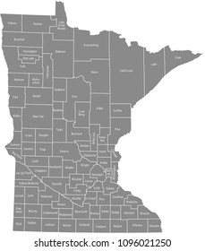 Minnesota county map vector outline gray background. Map of Minnesota state of USA with borders and names labeled