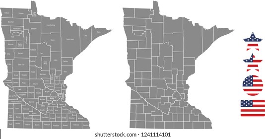 Esquema del vector del mapa del condado de Minnesota en fondo gris. Mapa Minnesota State of USA con nombres de condados etiquetados y diseños de ilustraciones vectoriales de la bandera de Estados Unidos