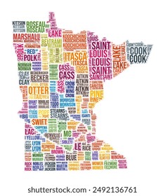 Minnesota county word cloud. State shape design. Minnesota colored illustration. County names collage cloud. Vector illustration.