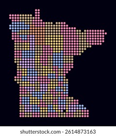 Minnesota dotted map. Digital style map of the state on dark background. Minnesota shape with circle dots. Colored dots style. Large size circles. Artistic vector illustration.