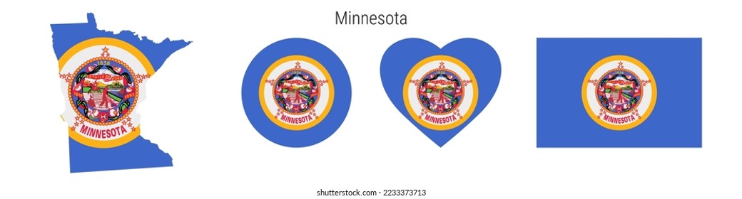 Minnesota flag icon set. American state pennant in official colors and proportions. Rectangular, map-shaped, circle and heart-shaped. Flat vector illustration isolated on white.