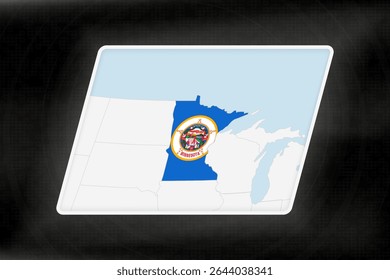Minnesota Highlighted in Flag Colors on Geographic Map. Modern Map on a dark abstract backdrop.