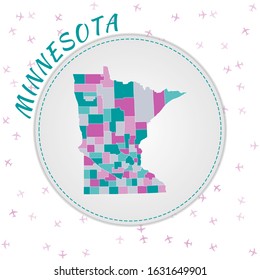 Minnesota map design. Map of the US state with regions in emerald-amethyst color palette. Rounded travel to Minnesota poster with US state name and airplanes background.