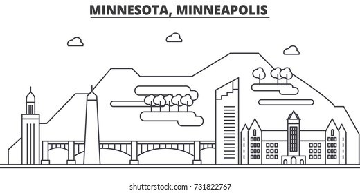 Minnesota, Minneapolis architecture line skyline illustration. Linear vector cityscape with famous landmarks, city sights, design icons. Landscape wtih editable strokes