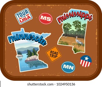 Minnesota, Mississippi travel stickers with scenic attractions and retro text on vintage suitcase background