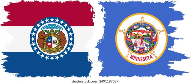 Minnesota and Missouri states grunge brush flags connection, vector old
