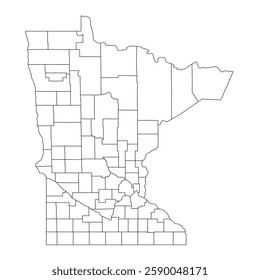 Minnesota, MN - detailed political map of US state. Administrative map divided into counties. Thin blank black outline map. Vector illustration