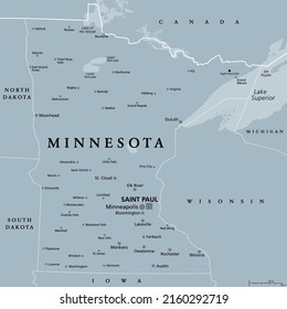 Minnesota, MN, Gray Political Map With Capital Saint Paul And Metropolitan Area Minneapolis. State In Upper Midwestern United States. Nicknamed Land Of 10,000 Lakes, North Star State And Gopher State.