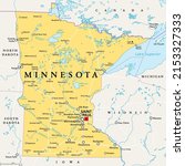Minnesota, MN, political map, with capital Saint Paul and metropolitan area Minneapolis. State in the upper Midwestern United States. Nicknamed Land of 10,000 Lakes, North Star State and Gopher State.
