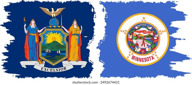 Minnesota and New York states grunge brush flags connection, vector old