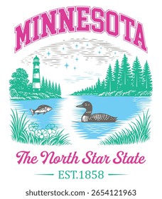 Minnesota The North Star State - Estados Unidos Cityscape T-shirt Vetor, Ícones americanos de referência, Vintage Estados Cityscape Camisa, Retro Travel City Art, Estados Citações de referência, Estado de férias ilustração