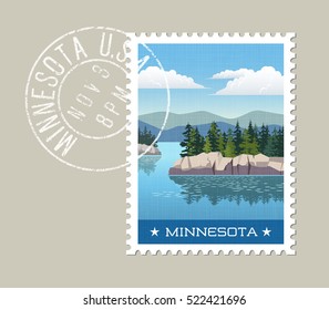 Minnesota postage stamp design. Vector illustration of scenic lake and forest with grunge postmark on separate layer