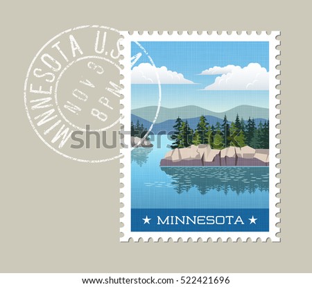 Minnesota postage stamp design. Vector illustration of scenic lake and forest with grunge postmark on separate layer