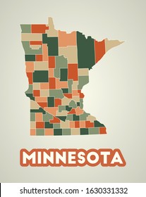 Minnesota poster in retro style. Map of the us state with regions in autumn color palette. Shape of Minnesota with us state name. Charming vector illustration.