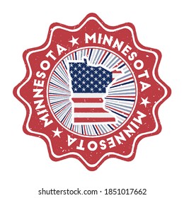Minnesota round grunge stamp with US state map and country flag. Vintage badge with circular text and stars, vector illustration.