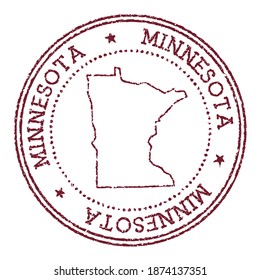 Minnesota round rubber stamp with US state map. Vintage red passport stamp with circular text and stars, vector illustration.