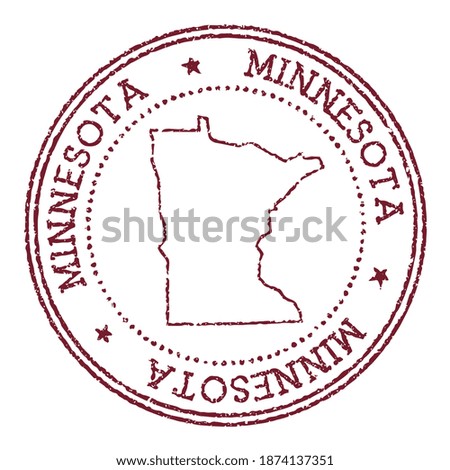 Minnesota round rubber stamp with US state map. Vintage red passport stamp with circular text and stars, vector illustration.