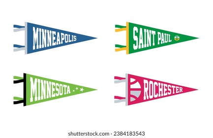 Minnesota, Saint Paul, Rochester, Minneapolis baloncesto Pennant Flags Set. Iconos de vectores de fútbol. Bandera deportiva de la Universidad de los Estados Unidos, aislada