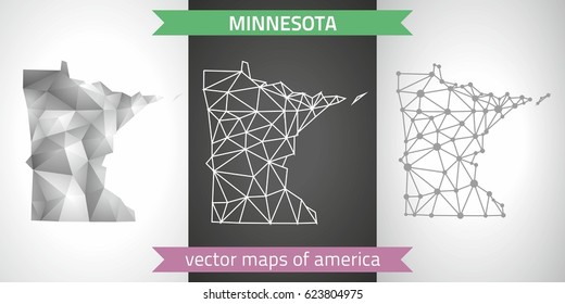 Minnesota set of grey and silver mosaic 3d polygonal maps. Graphic modern maps.