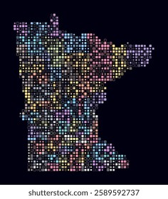 Minnesota, shape of the state built of colored cells. Digital style map of Minnesota on a dark background. Small size rounded square blocks. Artistic vector illustration.
