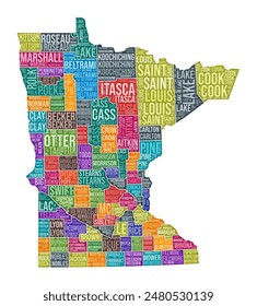 Minnesota shape. State word cloud with county division. Minnesota colored illustration. County names cloud. Vector illustration.