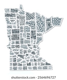 Minnesota shape text cloud. State border with shadow on white background. Minnesota with counties division in vintage gazette style. Trending vector illustration.