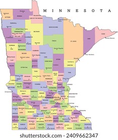Minnesota state administrative map with counties and seats. Clored. Vectored. Bright colors