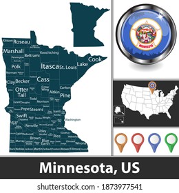 Minnesota State With Counties And Location On American Map. Vector Image