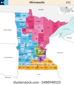 Minnesota State Map mit Countys Grenzen und farbigen Kongressbezirken Grenzen aufgrund der US-Volkszählung 2020 und gültig seit 2023. Flagge von Minnesota. Vektorgrafik