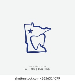 Minnesota state map dental logo, local family dentistry brand icon, clean blue oral health clinic symbol