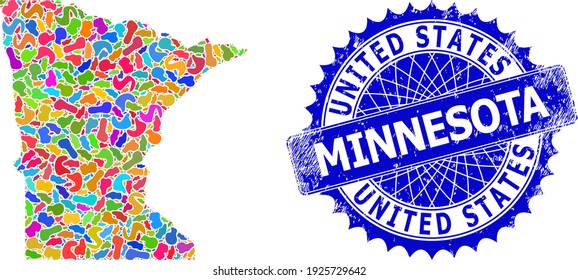 Mapa de imagen plana del estado de Minnesota. Mapa de mosaicos de la ranura y sello de goma para el estado de Minnesota. Marca azul rosa nítida con texto para el mapa del estado de Minnesota.
