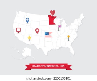 Minnesota State map highlighted on USA map. Minnesota map on United state of America with flag and navigation icons.