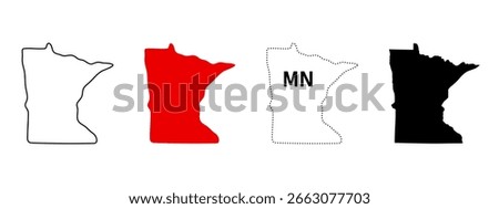 Minnesota state map icon. US state silhouette in outline, solid, dotted line and abbreviation MN sign. Northern Midwest region symbol. Minneapolis and Twin Cities area pictogram. USA map illustration.