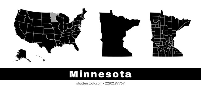 Minnesota state map, USA. Set of Minnesota maps with outline border, counties and US states map. Black and white color vector illustration.