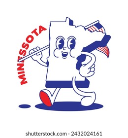 Minnesota State retro mascot with hand and foot clip art. USA Map Retro cartoon stickers with funny comic characters and gloved hands. Vector template for website, design, cover, infographics.