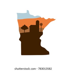 Minnesota State Shape w Farm at Sunset with Windmill, Barn, and a Tree