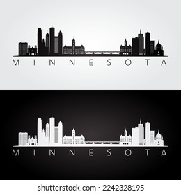 Silueta de monumentos y horizontes de Minnesota, diseño blanco y negro. Ilustración vectorial.