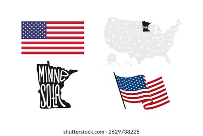 Estado de Minnesota. Bandeira dos EUA. Mapa dos EUA