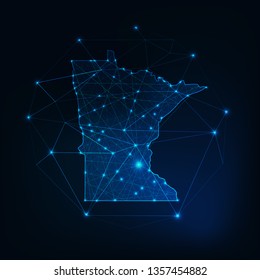 Minnesota state USA map glowing silhouette outline made of stars lines dots triangles, low polygonal shapes. Communication, internet technologies concept. Wireframe futuristic vector illustration